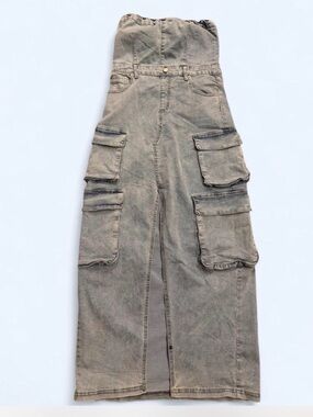 Strapless Cargo Denim Jumpsuit Dress